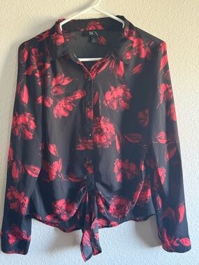 BCX Black Blouse with Red Floral Tie-Front